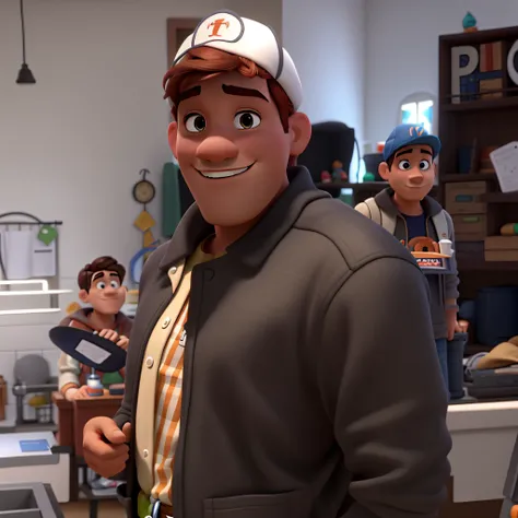 Um homem moreno, bonnet, estilo Disney Pixar, alta qualidade, melhor qualidade