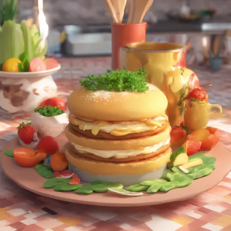 Crie uma cena de desenho animado  estilo 3d -Pixar, Onde uma mulher, de cabelos encaracolados castanhos com 45 anos de idade, Shes cooking dressed as a pastry chef, com bolos confeitados, fouet, bowls