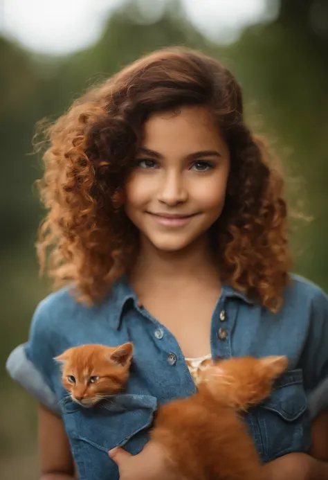 crie um banner no estilo Pixar. A girl with Brazilian features, morena pardo com cabelos longos Castanhos escuros, Curled and slightly coppery appearance, mas jovem, usando uma camiseta, Vestindo jeans e segurando um gato laranja