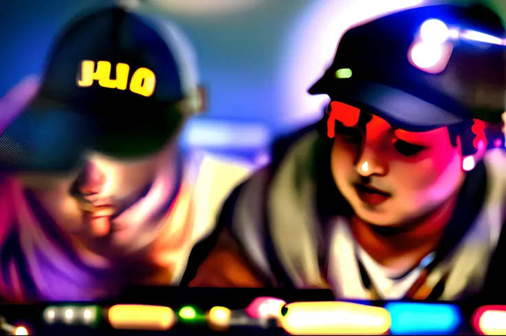 Half chubby brunette boy in a cap with headphone fiddling on a party lighting table with several led pair with a black blouse written the name of Pedrinho Pisadinha