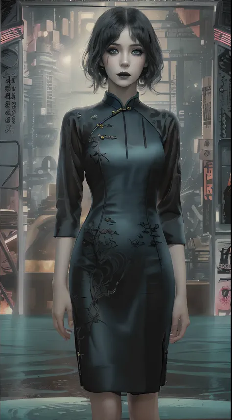 Carla Juri as Dr. 《Blade Runner 2049》Anna Sterling, sit on chair, (filmposter:1.6), poster on wall, Movie poster, (Portrait:1.3), ((Thin transparent cheongsam dress)), Black hair, ((Japanese rock garden and pond, Bonsai)), Movie poster, ((high-tech interio...