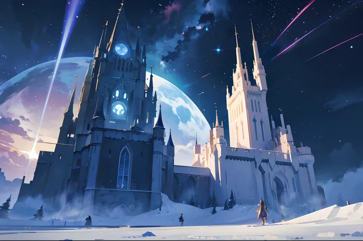 Create an illustration of a fantastical castle floating in space. There are facilities such as a telescope and an observatory in the castle, Its like an astronomical facility. The space in the background is filled with stars, Create an enchanting and dream...