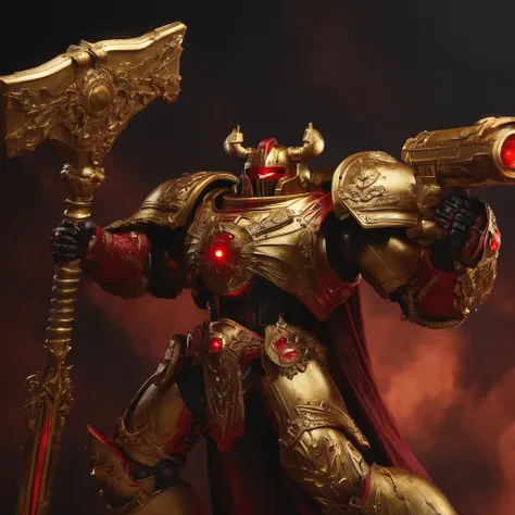 Titan de Warhammer 40k cores dourado e vermelho com metralhadora pesada