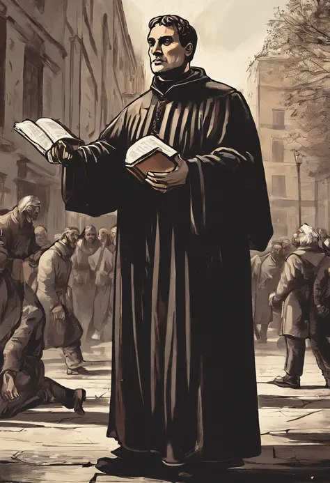 Martin Luther preaching the gospel in the street with the bible in his hand.