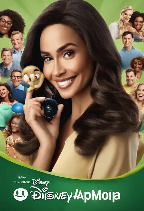 Crie um cartaz Disney/Cartaz de filme inspirado na Pixar, cena de uma bela mulher de 40 anos, Medium length wavy black hair with blonde highlights, olhos castanhos, sorriso largo, testa grande, face oval, pele branca, Holding an iPhone in your hand . Add h...