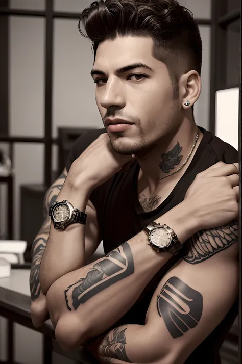 arafed man with a tattoo on his arm and a watch on his wrist, inspired by Nathan Oliveira, inspired by Antônio Parreiras, joel torres, inspired by Samuel Silva, b&w photo, caio santos, by Ramón Silva, david rios ferreira, by João Artur da Silva, edu souza