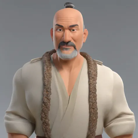 Criar um personagem no estilo Pixar. Trata-se de um homem de 50 anos, com barba branca, Branco, com cabelos brancos estilo samurai  e    olhos castanhos. He should be in an Oriental-style office, segurando uma agulha de acupuntura