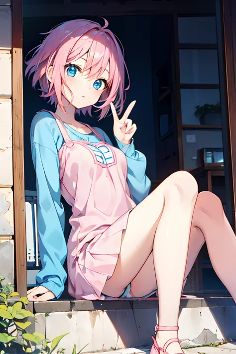 Cute anime girl, with short pink hair and blue eyes.