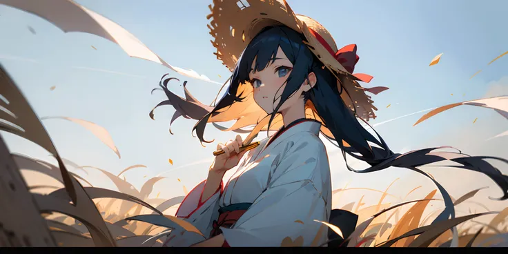 countryside in japan、early evening、Woman in a straw hat、Epal look、blows wind、Anime style