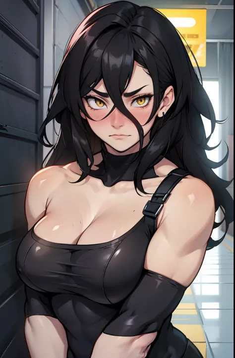 muscular girl black hair yellow eyes pale skin solo embarrassed (blushing) flustered bashful perky breasts