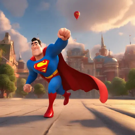 Create a Disney Pixar-inspired poster with the Superman character with the clouds behind it