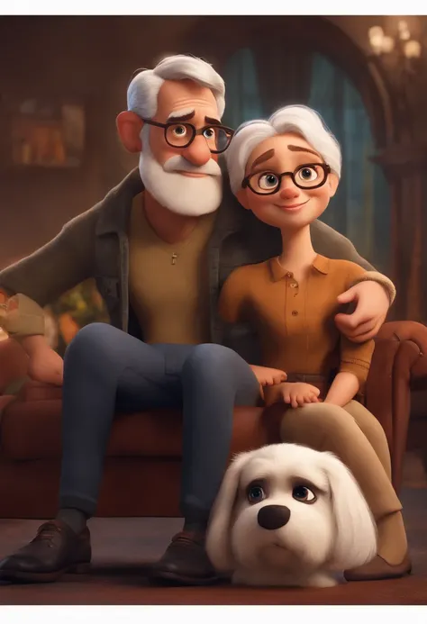 Pixar. Casal com um filhote de cachorro vira lata marrom. She white hair tied up glasses, He wears a low beard cap 30 years old!