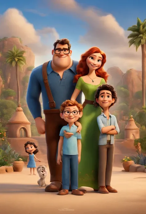 a Disney Pixar movie poster showing a white-skinned family. The father is the tallest, Tem barba curta, moreno claro, cabelos curtos barba curta. The mother has shoulder-length blond eyes and hair and the boy is 14 years old and has black hair , blue outfi...