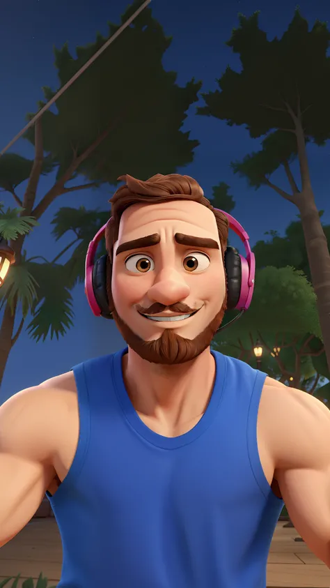 Homem com barba, usando headphones, no estilo Disney Pixar, alta qualidade, melhor qualidade.