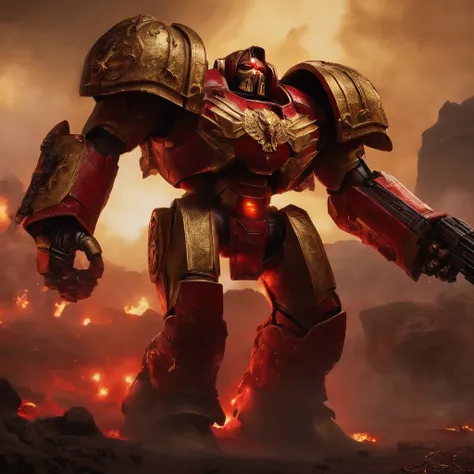 Warmaster titan Warhammer 40k cores dourado e vermelho gigantesco com aspecto de robotico lutando num campo de batalha