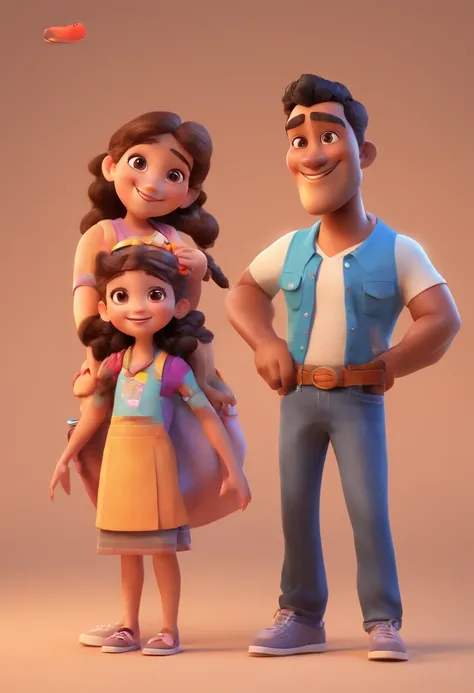 Estilo Pixar: Familia, Um pai, A mother and two girls. Uma menino de 6 anos e outro de 2 anos . Uma fazenda com vacas lindas e marrom .