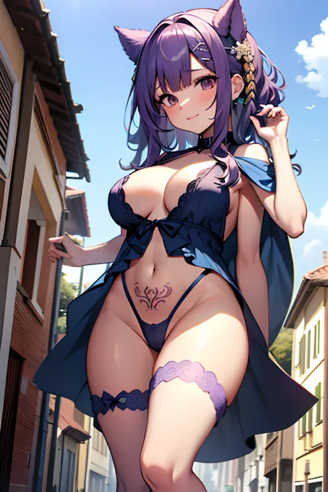 (Cabello Morado con una trenza larga, Trenzado en una trenza, desnudo: 1.4), (Ahegao), Luxurious one-piece erotic lingerie with cheerful tits, en el patio de la casa, Tiempo nublado, The body is completely, con los pies descalzos, sentado con las piernas a...