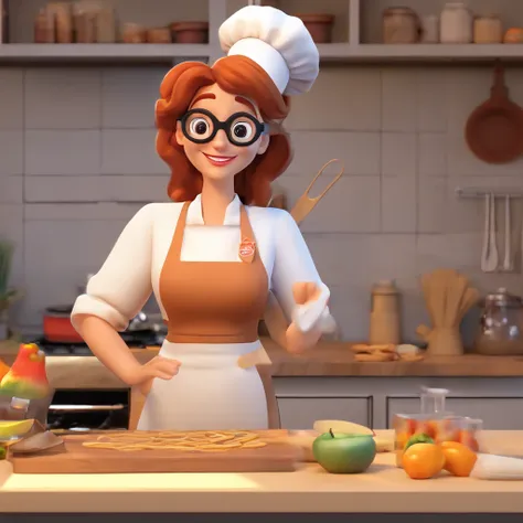 Crie uma cena de desenho animado  estilo 3d -Pixar, Onde uma mulher, de cabelos lisos castanhos com 50 anos de idade, wearing goggles. Shes cooking dressed as a pastry chef.