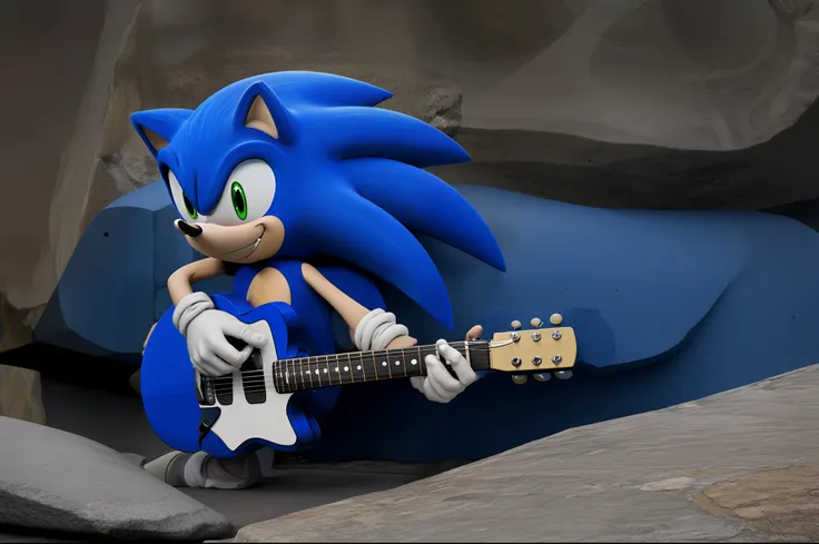 basesonic, Sonic The Hedgehog playing a guitar in a rock band stage, side view,