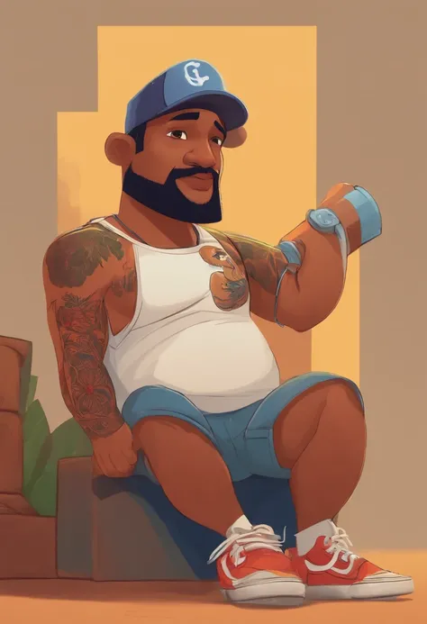 crie um banner no estilo Pixar. Um menino com pele branca,with cap, barba curta, 37 years old and with tattoo on anti arm wearing a t-shirt, Wearing jeans and holding a classic tambourine