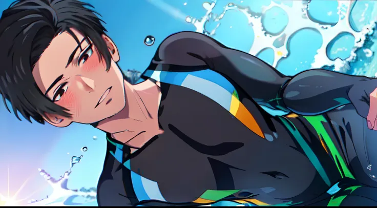 masterpiece, (1boy), luci, red eyes, black hair, look at viewer, blush, shinkai makoto, (beach), (black swimsuit, long sleeve), ...