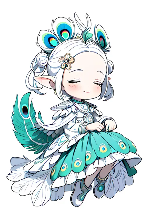 (Best quality, A high resolution, Masterpiece:1.2), Black and white, Q version 2 year old girl, "Peacock elements", "Peacock tail", "Whole body", Cute face, updo-hairstyle, closing her eyes, Comfortable appearance, White color hair, "Sit on your knees", "C...