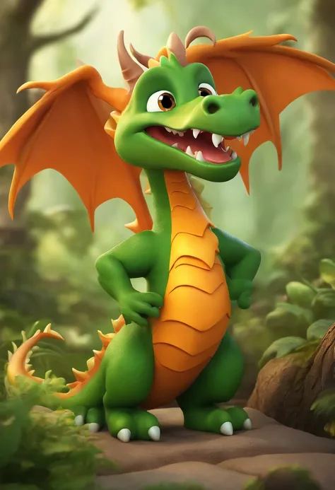 Caricature of a dragon wearing a green apron and an orange shirt, Cute cartoon character, cartoon shading, Cute characters, cute forest creature, Cartoon style, a cartoon illustration, Disney, 。.3D, 。.3D, Escultura, art, Detailed