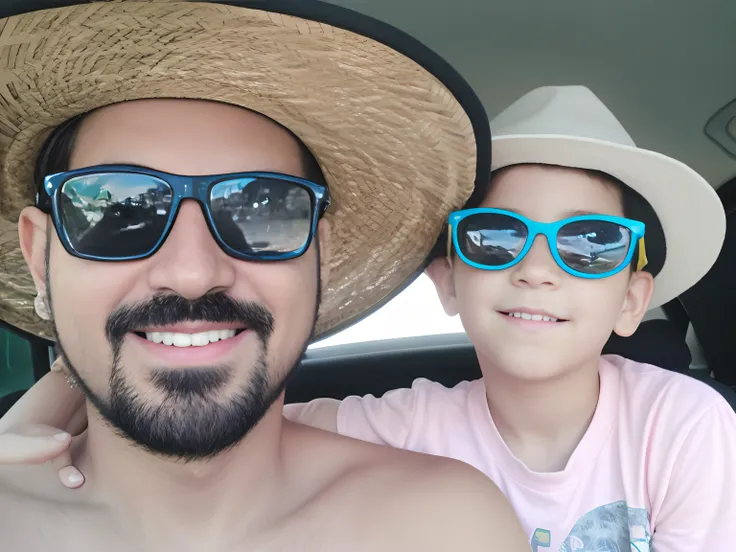 Man and a child wearing sunglasses and hats in a car, holiday photography, wearing sunglasses and a hat, fotografia, with a kid, Selfie, cabrito, fotografia Selfie, cool dad vibes, fotografia do snapchat, with sun glasses, Viagem, wearing shades, wearing s...