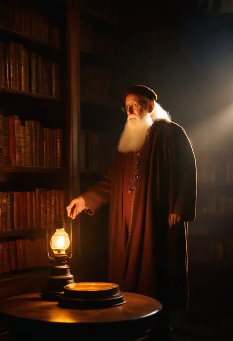 A wise old man standing in front, illuminated by the light of a lamp, against the backdrop of a library