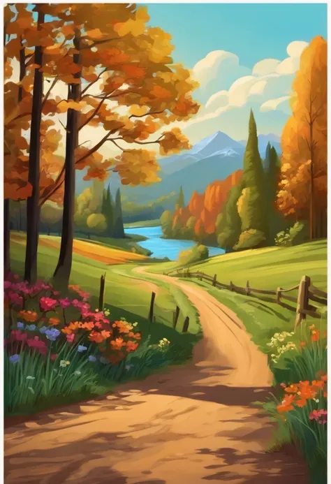 country road，At the end is the lake，cartoony