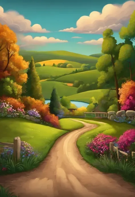 country road，At the end is the lake，cartoony