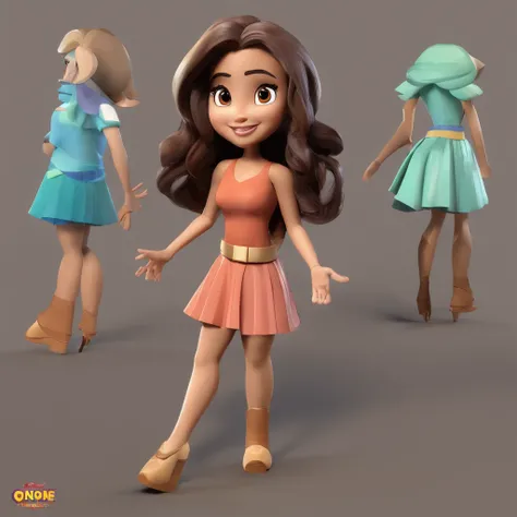 Mulher morena cabelo preto olhos escuros sorrindo com um cavalo marrom escuro crinas escuras ao lado estilo pixar alta qualidade