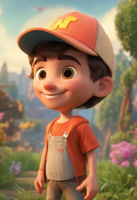 pixarstyle a waist-length portrait of a little boy, smirk, cap, nature, natural skin texture, 4k textures, hdr, intricate, highly detailed, sharp focus, cinematic look, hyperdetailed