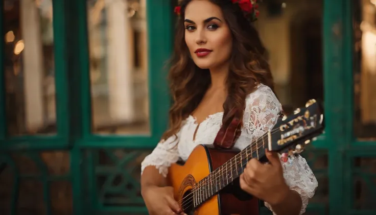 Young woman with a guitar , em um vilarejo