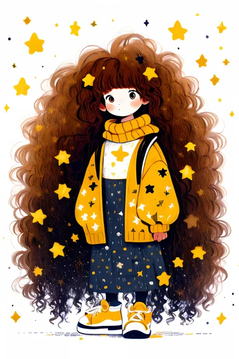 1girl, solo, star \(symbol\), long hair, standing, turtleneck, brown hair, very long hair, black footwear, curly hair, sleeves p...