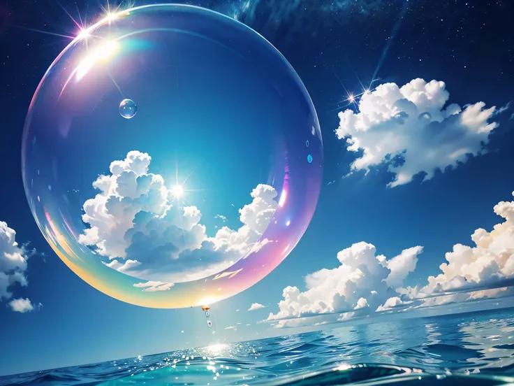 a single giant soap bubble floating in the sky, bright and vibrant colors,floating in mid-air, iridescent, best quality,ultra-de...