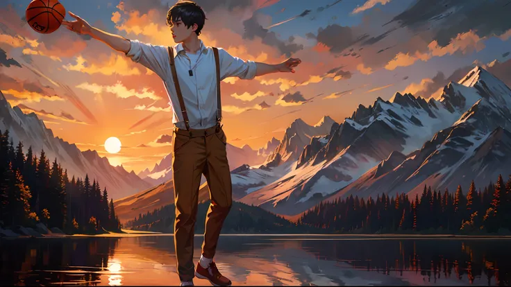 the sunset，eventide，Big Mountain，Medium short hair，Suspenders，The five fingers of human anatomy，Put your feet on the ground，Two hands，Right-handed basketball，Boy student