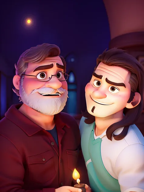 Poster no estilo Disney pixar, alta qualidade, melhor qualidade, homem sexy branco, 30 anos cabelo grisalho barba preta, musculoso, com fundo em um restaurante a luz de velas