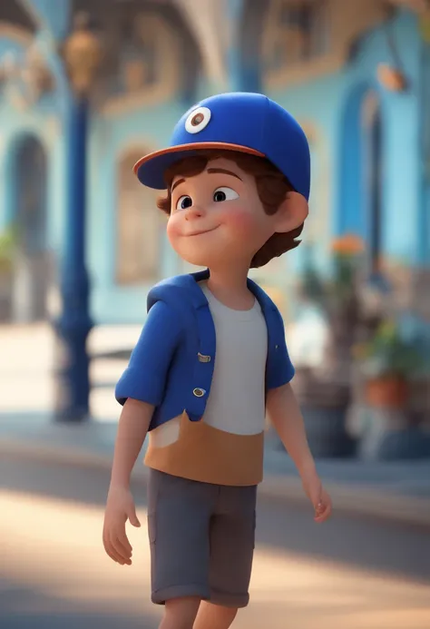 A happy cute boy standing short hair with dark blue cap , vestindo uma camisa azul , , fundo branco, barnet, Tom, Estilo Pixar, ......3d, desenhos animados, rosto detalhado, asymmetrical 16k