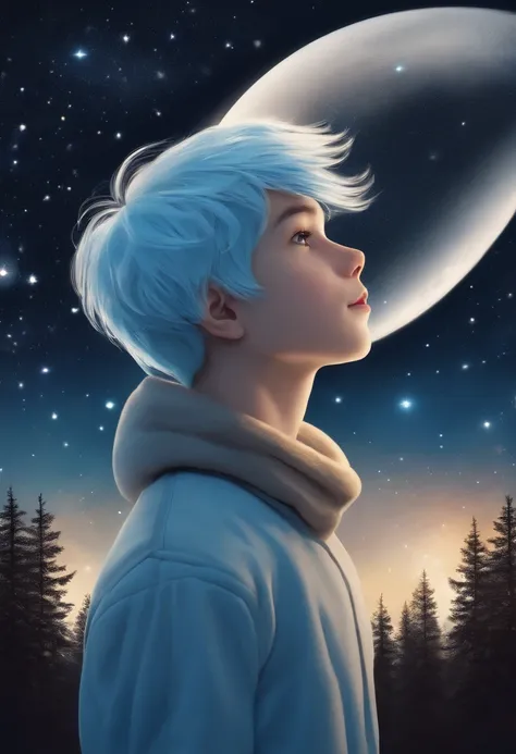 An image of a young and handsome boy with light blue hair gazing up at the starry night sky during winter, with shooting stars streaking across the heavens.