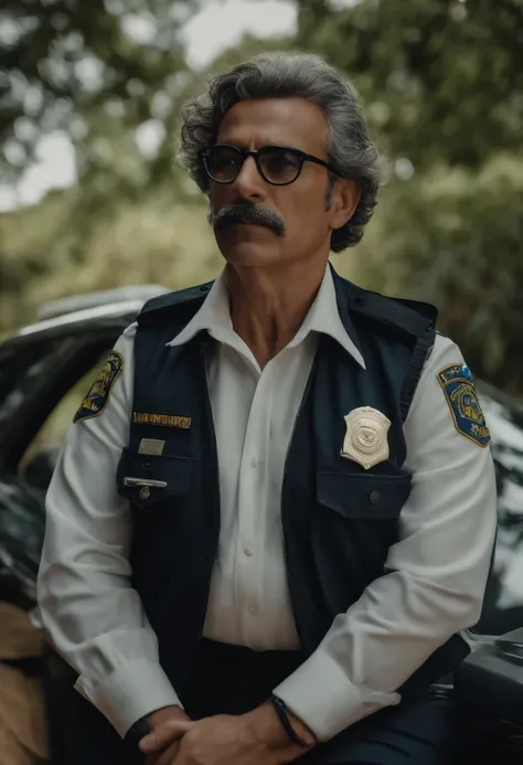 Homem de 51 anos cabelo curto com entradas, e repartido do lado esquerdo,Half Athletic Body ,black frame glasses, in police clothes ,In an ecological park with a police car.