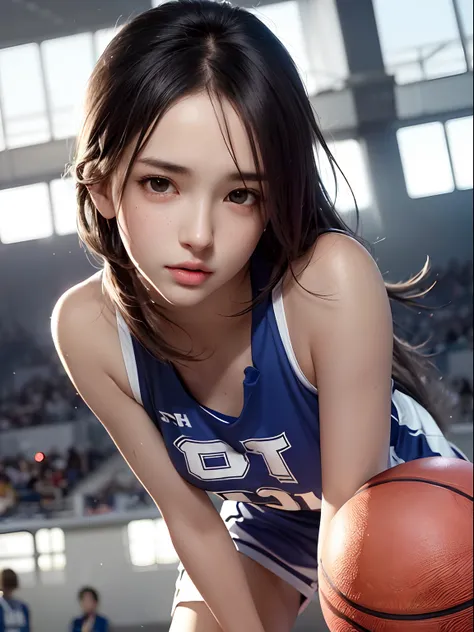 Best Quality, masutepiece,  High resolution, (Photorealistic:1.4), Raw photo, 1 beautiful girl ,Dynamic Angle,Female　Basketball player,small head, nice legs,Glowing skin, Sweat,At the basketball venue,(Detailed beautiful face:1.4),detailed skins,Detailed e...