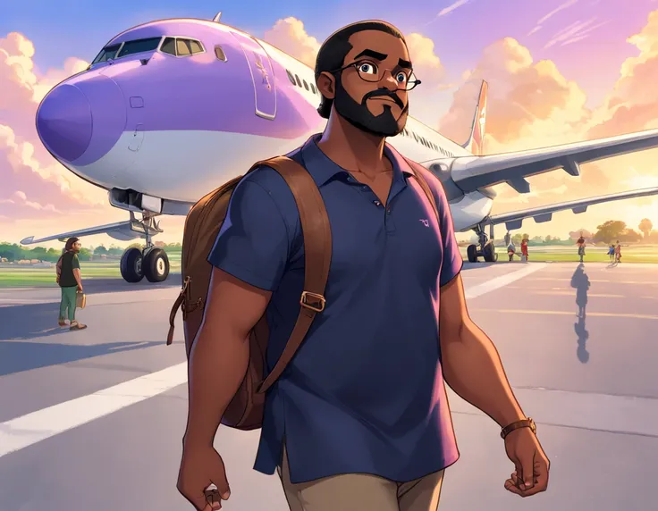 "Create an illustration in the Disney Pixar style with the title Maumau não é mau (Maumau is not bad). The character is a chubby, black Brazilian man, around 41 years old, 1.73 meters tall, weighing 99 kilograms, with black skin, full lips, wearing prescri...