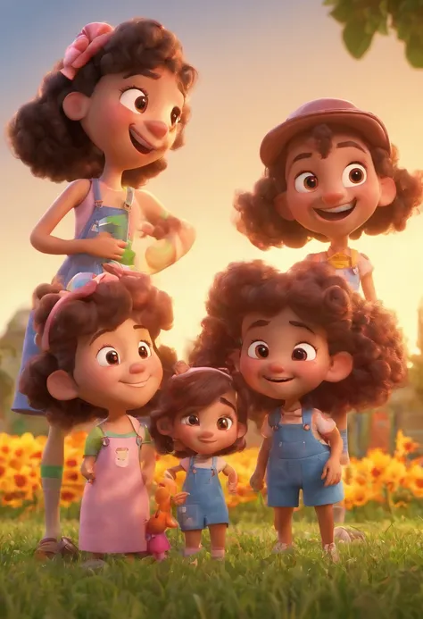 Estilo Pixar: Familia, Um pai, A mother and two girls. Uma menino de 6 anos e outro de 2 anos . Uma fazenda com vacas lindas e marrom .