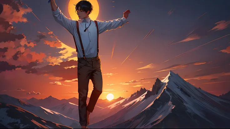 the sunset，eventide，Big Mountain，Medium short hair，Suspenders，The five fingers of human anatomy，Put your feet on the ground，Two hands，Raise Hand，Boy student