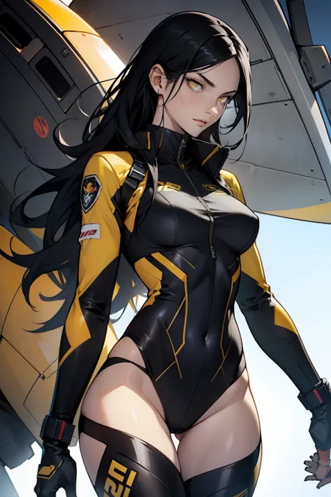 1 girl, black hair, yellow eyes, very long hair, pale skin, fit body, slender body, slim waist, large breasts, (confident expression), pilot suit, thigh gap, bare thighs,