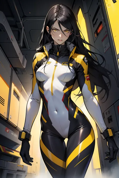 1 girl, black hair, yellow eyes, very long hair, pale skin, fit body, slender body, slim waist, large breasts, (confident expression), pilot suit, thigh gap, bare thighs,