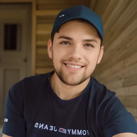 A happy cute boy standing short hair with dark blue cap , vestindo uma camisa azul , , fundo branco, barnet, Tom, Estilo Pixar, ......3d, desenhos animados, rosto detalhado, asymmetrical 16k