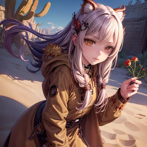 ((Desert, Sand, sand dune, Refractive effect, Sun)), (Masterpiece, Best quality), (1girll), (Solo), ((Portrait)), Perfect face, ((Heterochromia, Blonde and purple hair, ((Red Dragon Parka)), Gothic unnecessary belts are everywhere, mole under eyes)), Beaut...