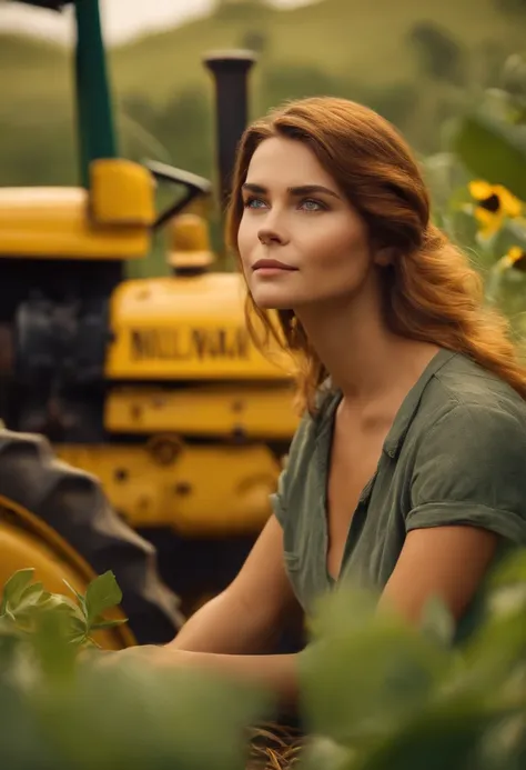 Postêr Pixar, de uma mulher adulta, cabelo amarelo, medium hair, olhos cor de mel, roupa caipira, comemorando, In a plantation with tractors and harvester in the background.